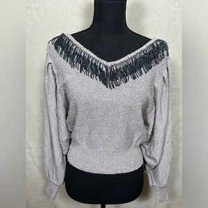 Vintage Joani Rome Gray Sweater balloon sleeves beaded neckline size Medium
